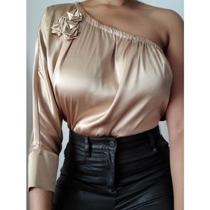 Blouse, one-shoulder, Gold satin, Size M